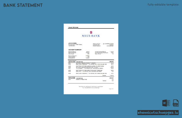 Liechtenstein Neue Bank AG bank statement word sample preview